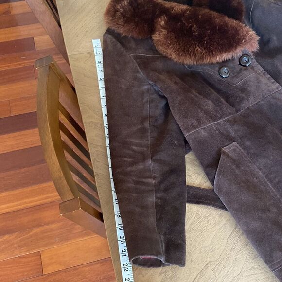 Vintage 70's Chocolate Brown Suede Leather Penny Lane Coat with Faux Fur Collar - Picture 11 of 15